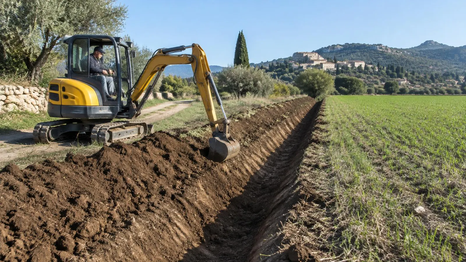 Création d'un fossé agricole à la mini-pelle